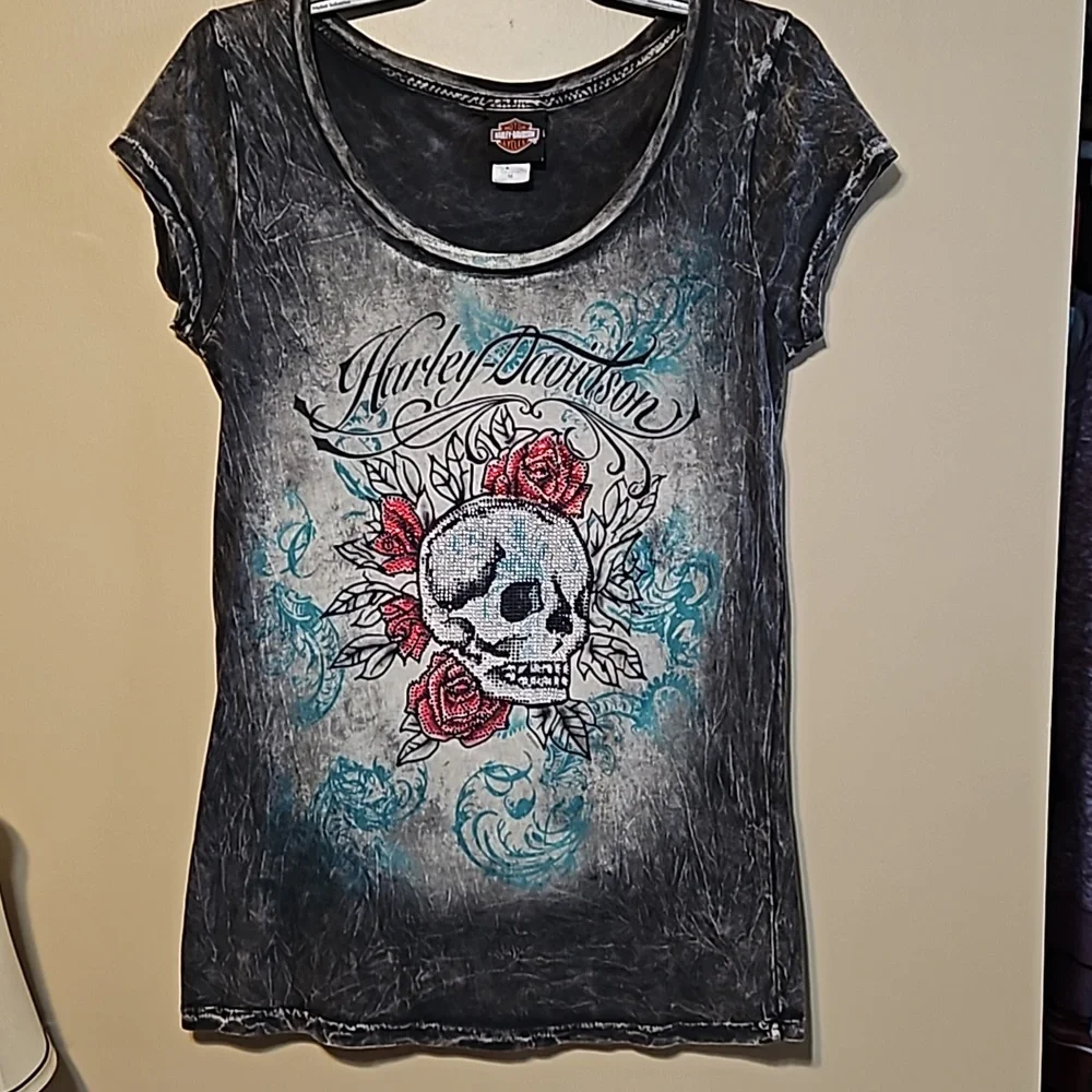 Harley-Davidson Rhinestone Skull T-Shirt - Picture 2 of 8